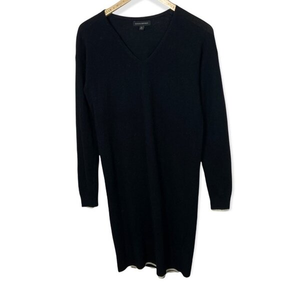 Banana Republic Cashmere Merino Wool Sweater Dress Black V-Neck White Trim XS‎ - Picture 3 of 14